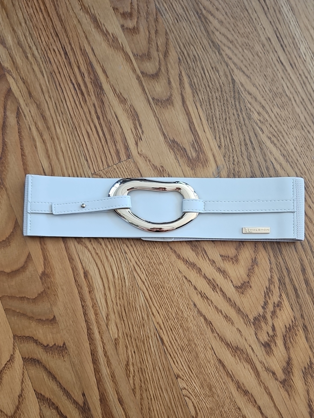 Halston Heritage Cream Wide Elastic Belt with Gold Buckle